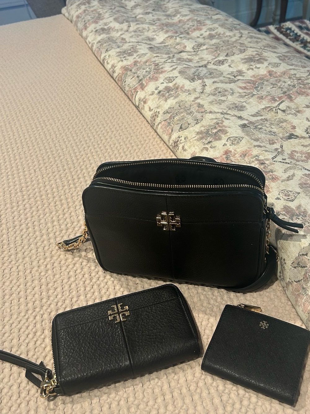 Tory Burch Black Pebbled Leather Double-Zip Crossbody with Wallets